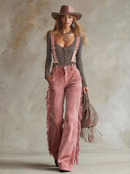 Women'S Retro Western Style Solid Color Asymmetrical Design, Fashionable Tassel Decoration Spring And Summer Suspender Micro-Flared Trousers, Suitable for Daily Gatherings, Parties, Music Festivals, And Holiday Personalized Matching