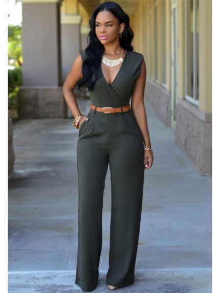 Women' Elegant High-Waisted Wide Leg Jumpsuit with Belt - V-Neck Pantsuit, Elastic Waist Trousers & Belted Waistband, Solid Color Full-Length Pants for Workouts, Office, Semi-Formal Wear - Year-Round Versatile Outfits