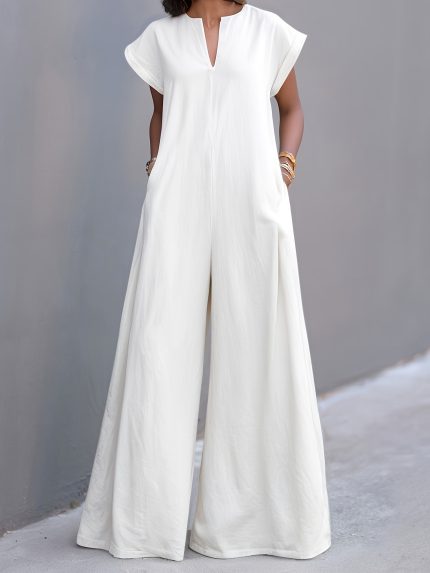 Women's Urban Minimalist Style Solid Color V-neck Hooded Sleeves Wide Leg Jumpsuit