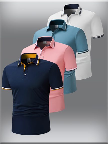 Set of 4 Men'S Short-Sleeve Polo Shirts with a Contrasting Stripe Design, Ideal As Work Attire for Casual Daily Wear, And a Great Gift Option for Men'S Formal Shirts