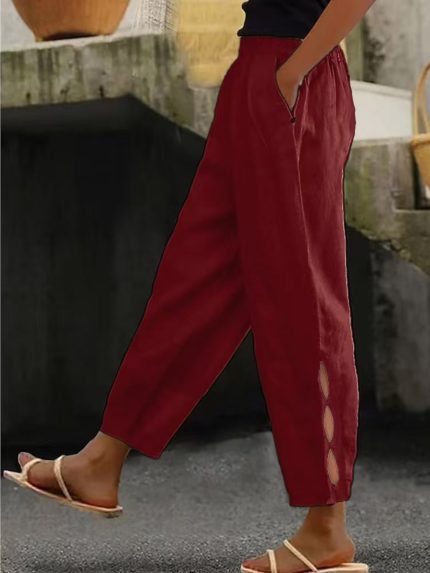 Solid Side Pocket Cutout Pants | Hem Button Detail Fashion Trousers | Spring Fall New Casual Style | Versatile Daily Bottom Wear