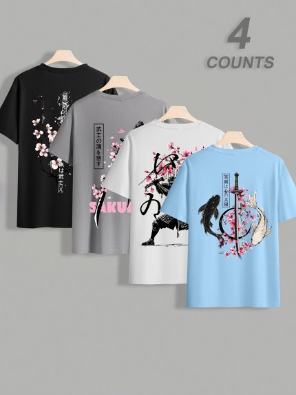 Men'S Short Sleeve Versatile Cherry Blossom Samurai Sword Pattern Print Collar Short Sleeve T-Shirt, Suitable for Summer Outings, Casual Versatile Short Sleeve 4pcs Set