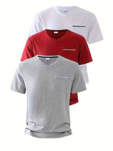 Men's V-Neck T-Shirt Set - 3pcs Short Sleeve - Solid Color Pullover - New Summer Series - Outdoor Casual Sportswear