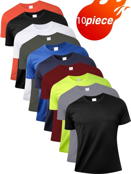 A Set of 10 Solid Color Round Neck T-Shirts for Men, Designed for Quick Drying And Moisture Absorption, Ideal for Casual Wear During Fitness And Outdoor Activities
