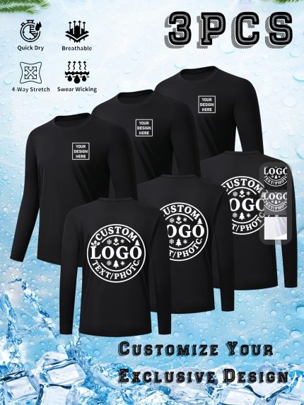 3pcs Unisex Long-Sleeve Quick-Dry Tees Customizable -Custom LOGOu002FPatterns, Stylish, Breathable, Ultra-Comfy | Great for Gym, Running, Hiking, Casual | Ideal Personalized Gift for Halloween, Thanksgiving, Xmas & Couple Birthdays-Stay Dry & Trendy