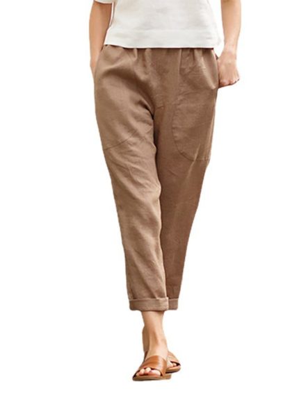 Women'S Summer Solid Color Casual Trousers, Loose Straight Leg, Long Pants with Pockets