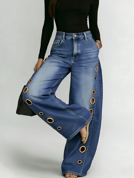 Trendy High-Waisted Wide-Leg Pants with Metal Eyelet Details for Spring, Available in Sizes S-XXL, Perfect for a Retro Casual Street Style