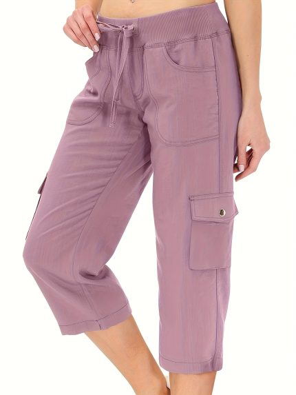 Women's Casual Street Overalls - Cropped Loose-Fit Drawstring Waist with Multiple Pockets, Breathable Summer Workout Pants for Gym Running Outdoor Commuting, Machine Washable Solid Color, Commuting Attire, Relaxed Fit Pants, Adjustable Comfort Waistband