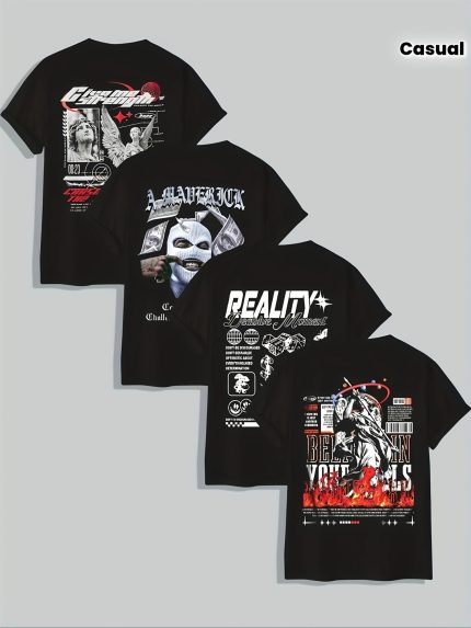 Men's 4pcs Set of Round-neck Letter-print Short-sleeve T-shirts, Suitable for Summer Casual Sports