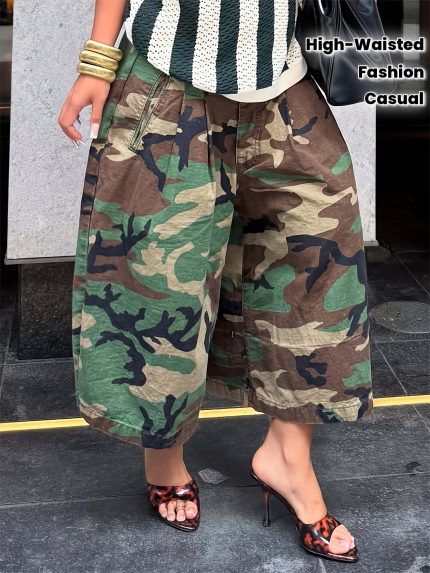 Women's Street Fashion Casual Camouflage Workwear Loose Wide-Leg Pants Women's Stylish Wide-Leg Culottes with High-Waisted, Pleated Design, Side Pockets & Flowy Silhouette, Trendy for Valentine's Day Outings, Date Night, Gatherings & Celebrations
