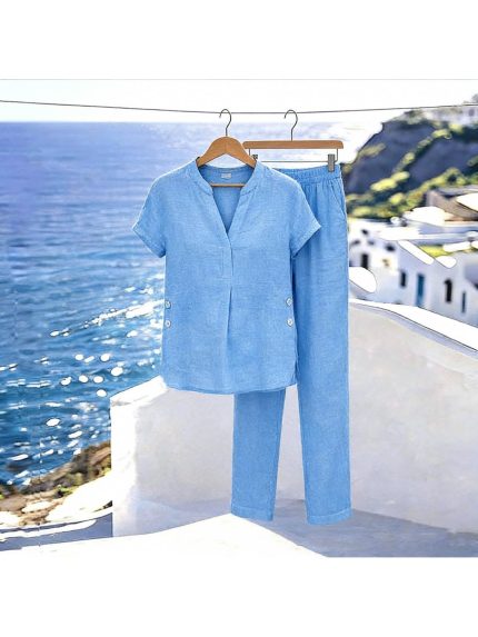 Women'S 2pcs Linen Sets, Sleeveless Top And Wide Leg Pants Lounge Outfits, Summer Vacation Travel Clothes, Fashion Matching Set