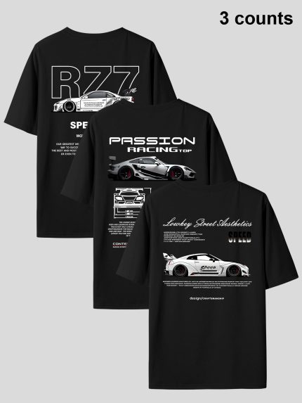 A Set of Three High-End, Niche Print Short-Sleeve T-Shirts for Men, Suitable for Outdoor Activities And Everyday Wear, Including Beach Outings, Fishing, And Vacations